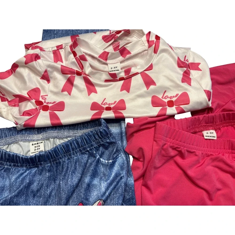 SHEIN Girls 2-3Y Outfit Bundle Floral Dress Apple Romper Kitten Bell Bottoms Set